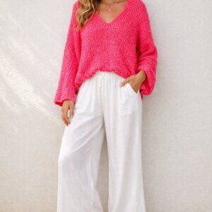 Free People Hot Pink Chunky Knit Sweater S Cropped Cozy Boho Slouchy